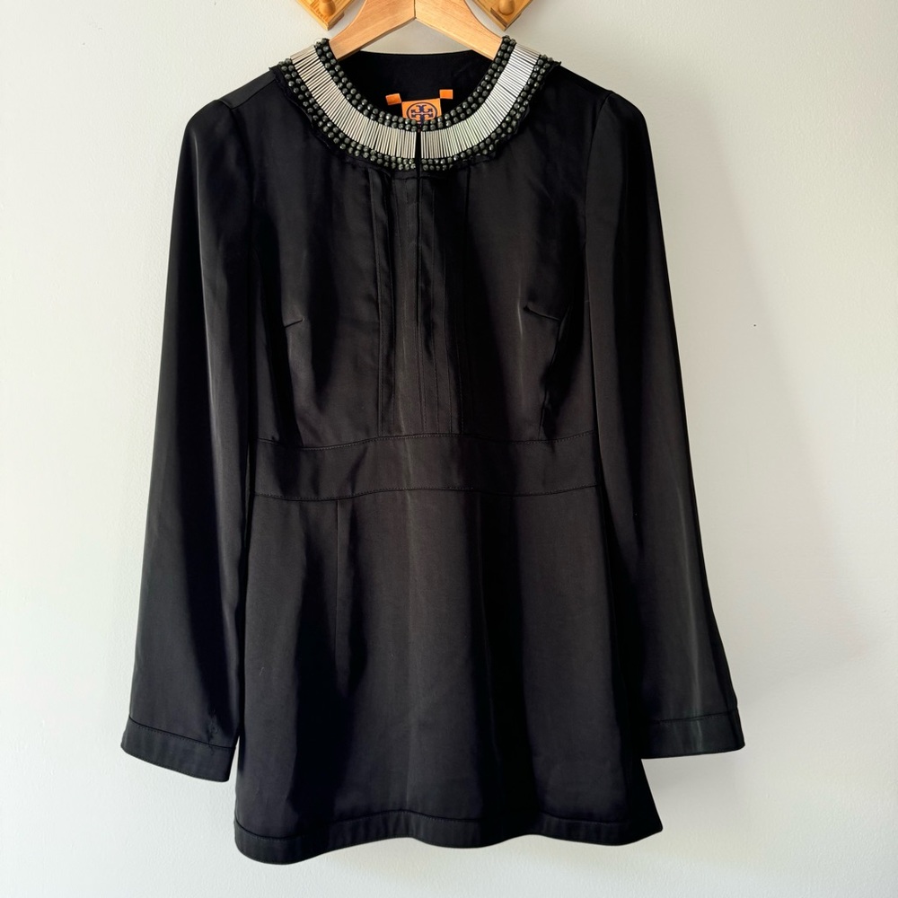 Tory Burch Black Beaded Collar Tunic Top Size 4